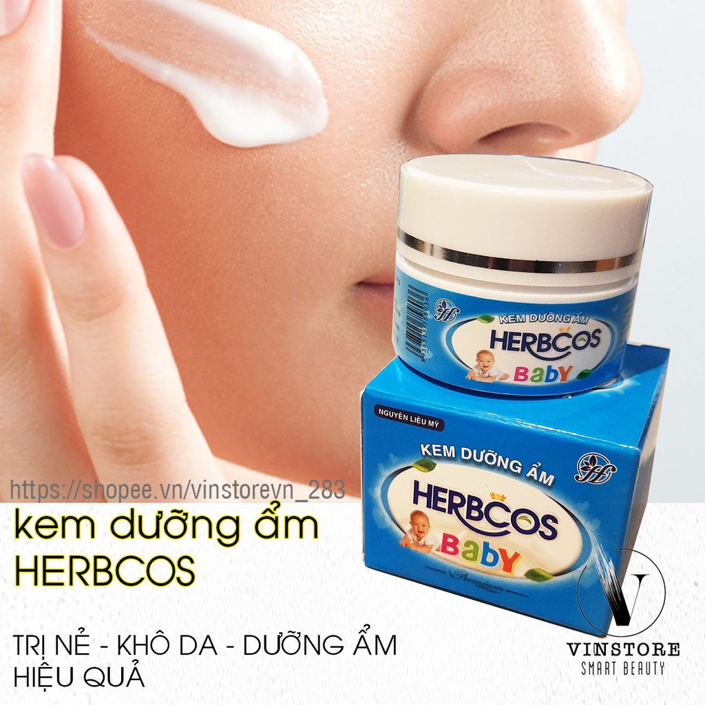 Kem dưỡng ẩm HERBCOS baby (cho cả người lớn) chứa vitamin E, tinh bột nghệ giúp dưỡng ẩm, hết khô nẻ da, thơm dễ chịu