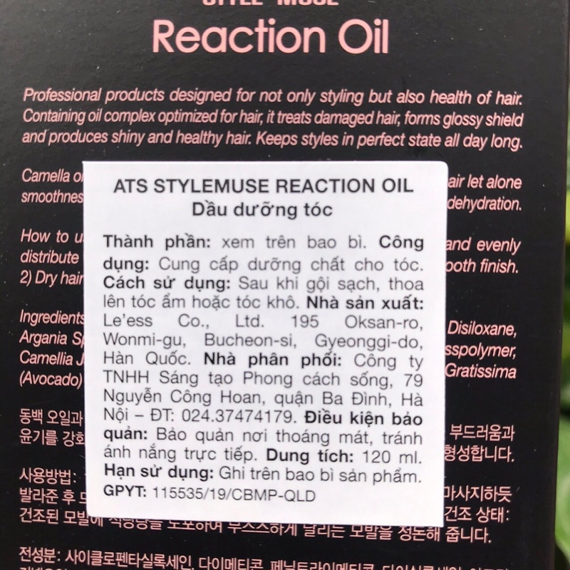 Tinh Dầu dưỡng chăm sóc tóc ATS Stylemuse Reaction Oil 120ml ( New 2021 )*