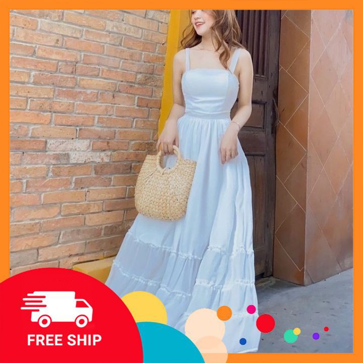 Váy maxi⚡𝗙𝗥𝗘𝗘 𝗦𝗛𝗜𝗣⚡ Đầm maxi 2 dây, dáng xoè phối đuôi cá tầng cách điệu, bo chun eo co dãn tốt, hàng QC cao cấp | BigBuy360 - bigbuy360.vn
