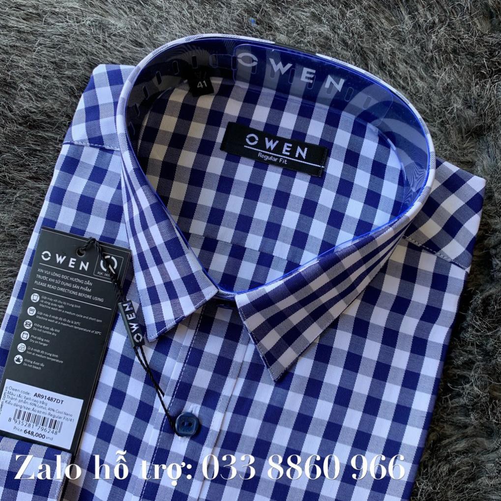 Sale Chính Hãng OWEN - Áo sơ mi dài tay Owen REGULAR chất sợi sen kẻ ca rô xanh trắng AR 91487 hot 🌺 neww * ! %