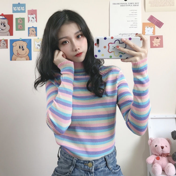Áo Sweater Dài Tay Cổ Cao Thiết Kế Mỏng Họa Tiết Sọc Cầu Vồng Mới Thời Trang