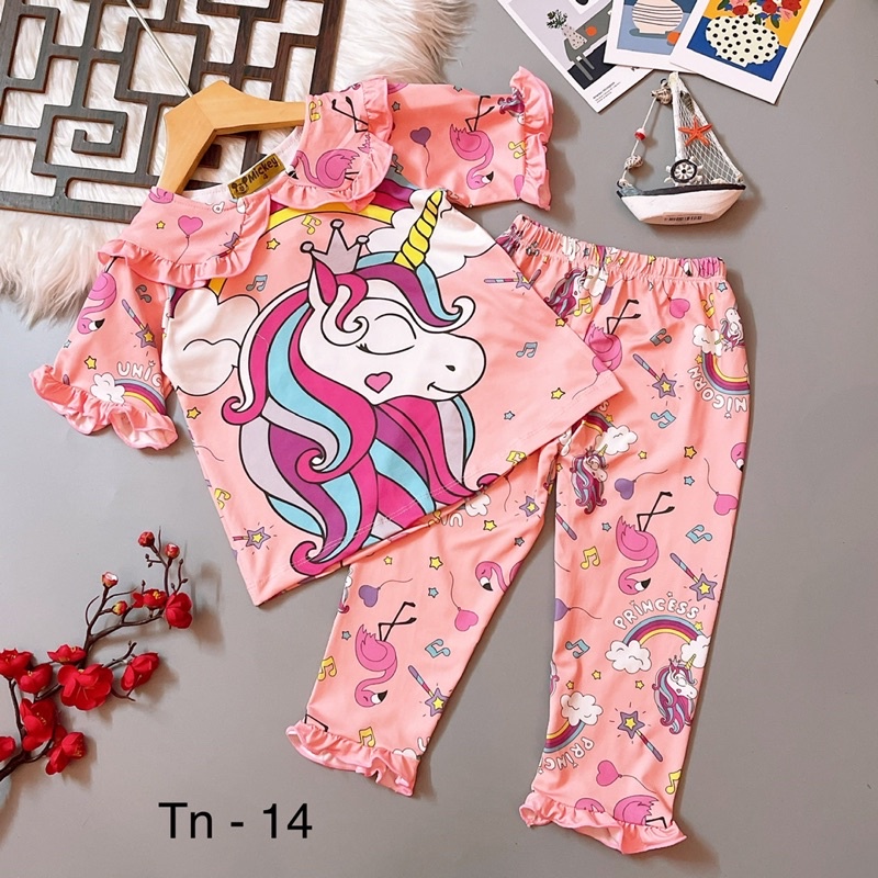 Đồ bộ pijama bé gái áo cộc quần dài thun lạnh 3D co giãn 4 chiều mềm mát mặc nhà mặc ngủ 22-42kg