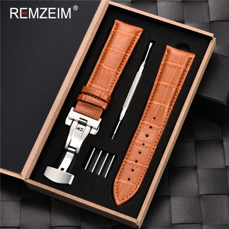 Luxury Handmade Watch Band 14mm 15mm Genuine Cow Leather Watch Strap With Butterfly Buckle Bracelet Watchbands