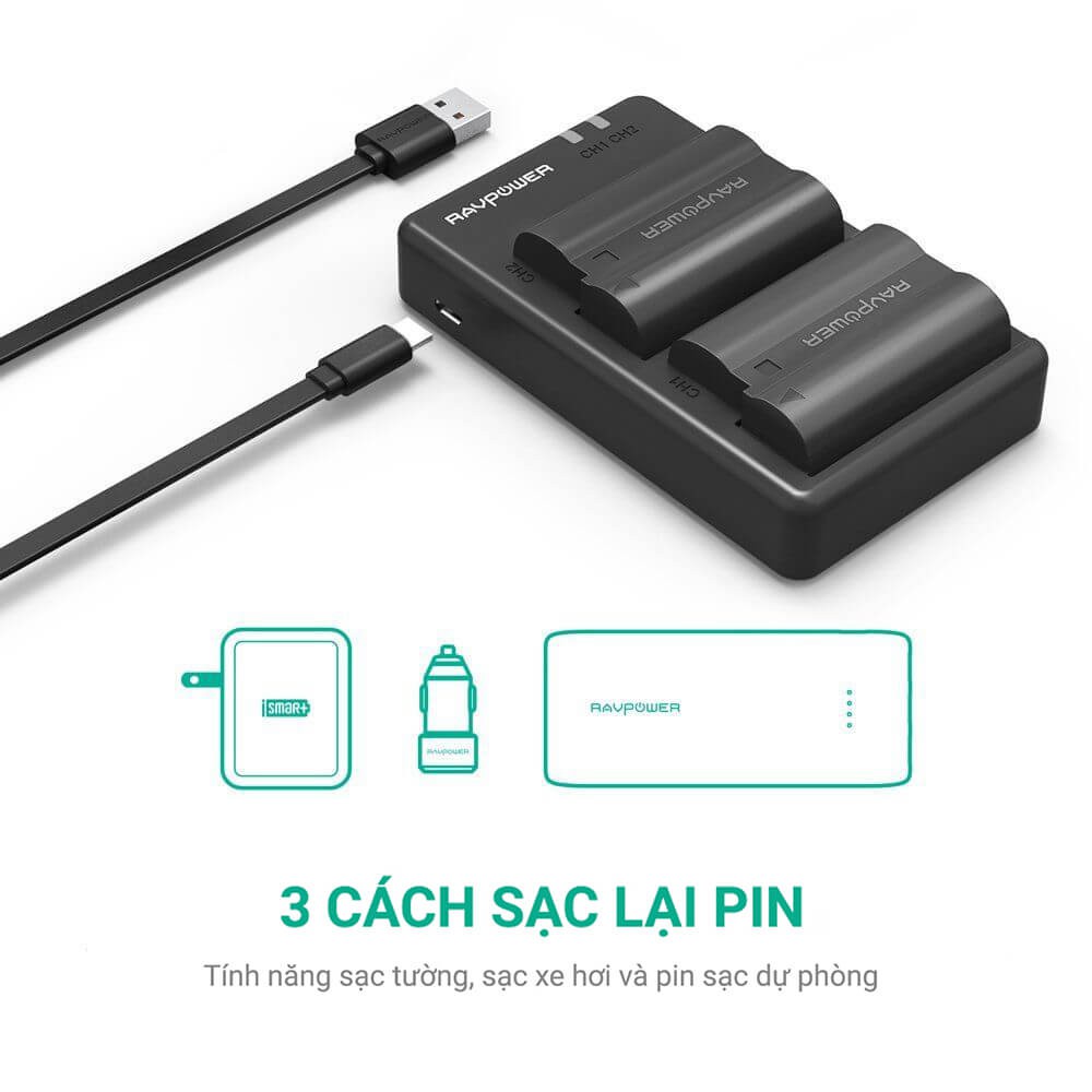 BỘ 2 PIN 1 SẠC MÁY ẢNH CHÍNH HÃNG RAVPOWER RP-PB057 CHO NIKON EN-EL15, EN-EL15A, EN-EL15C