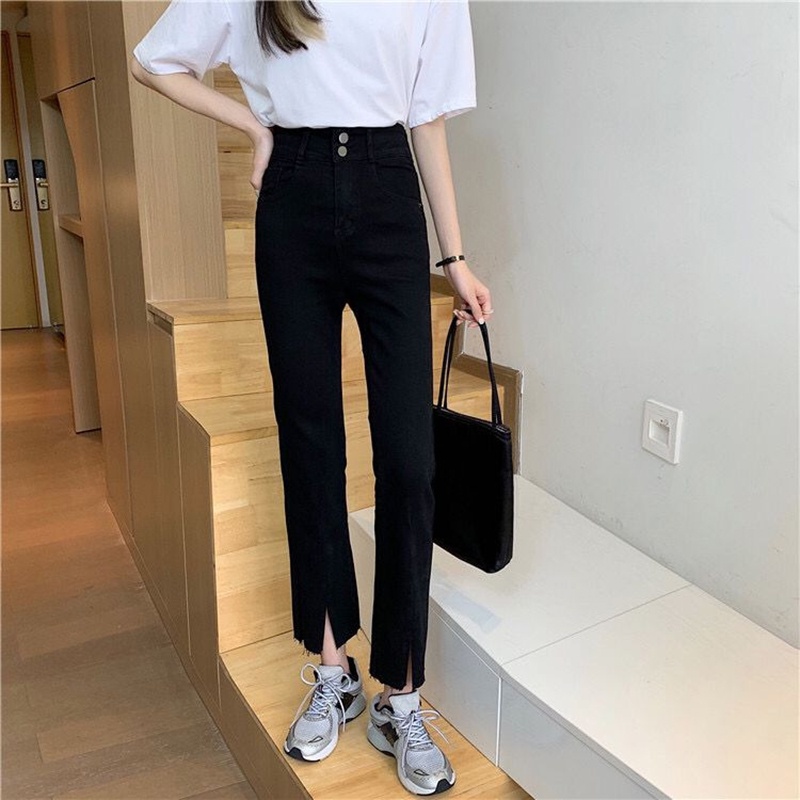 Quần jean IELGY cắt gấu xẻ tà cạp cao nút cài đôi size lớn cho nữ