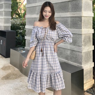(SẴN XANH) Váy kẻ trễ vai dáng dài