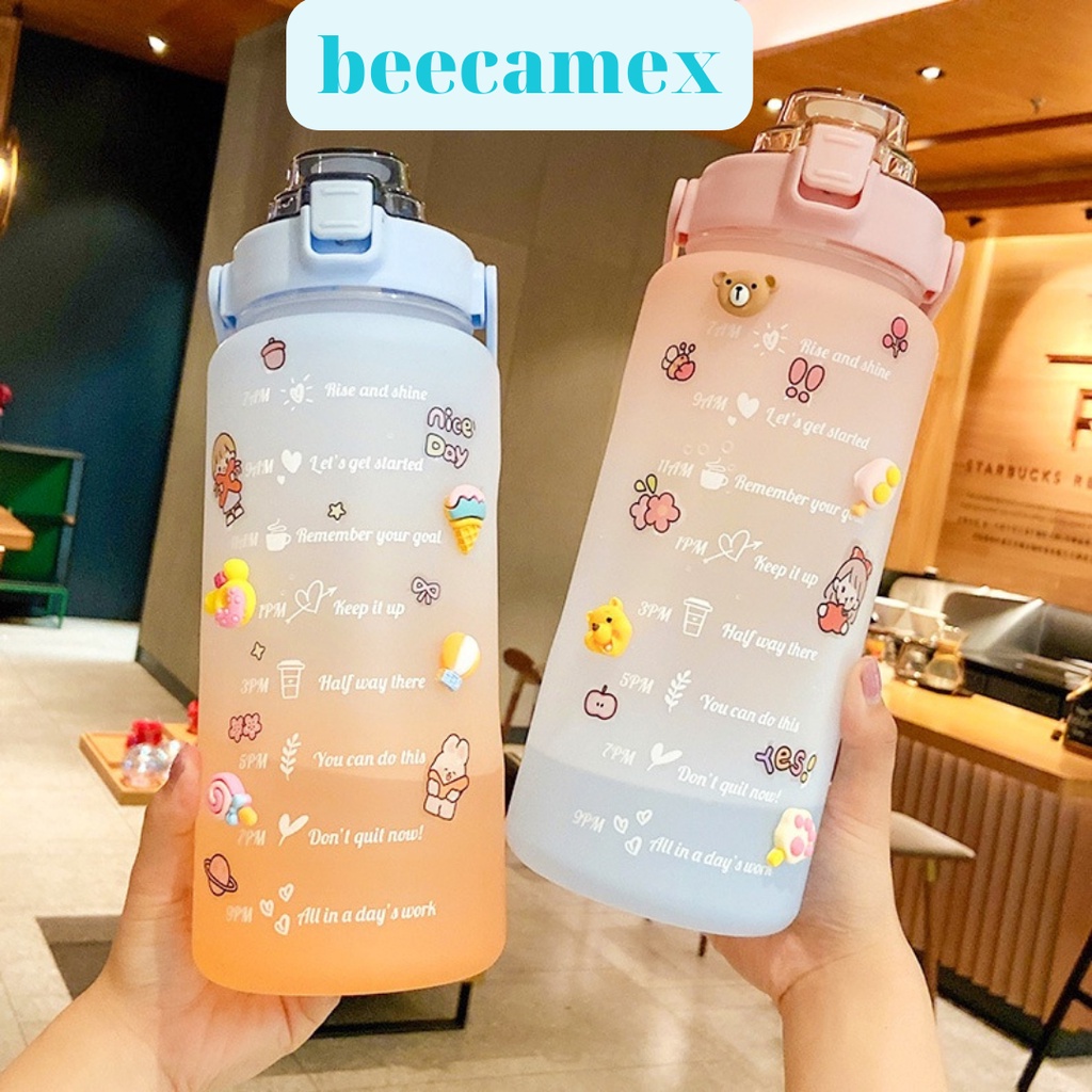 Bình nước 2 lít dành cho người lười uống nước Beecamex bình nước cute 2L có ống hút, vạch chia nhắc giờ