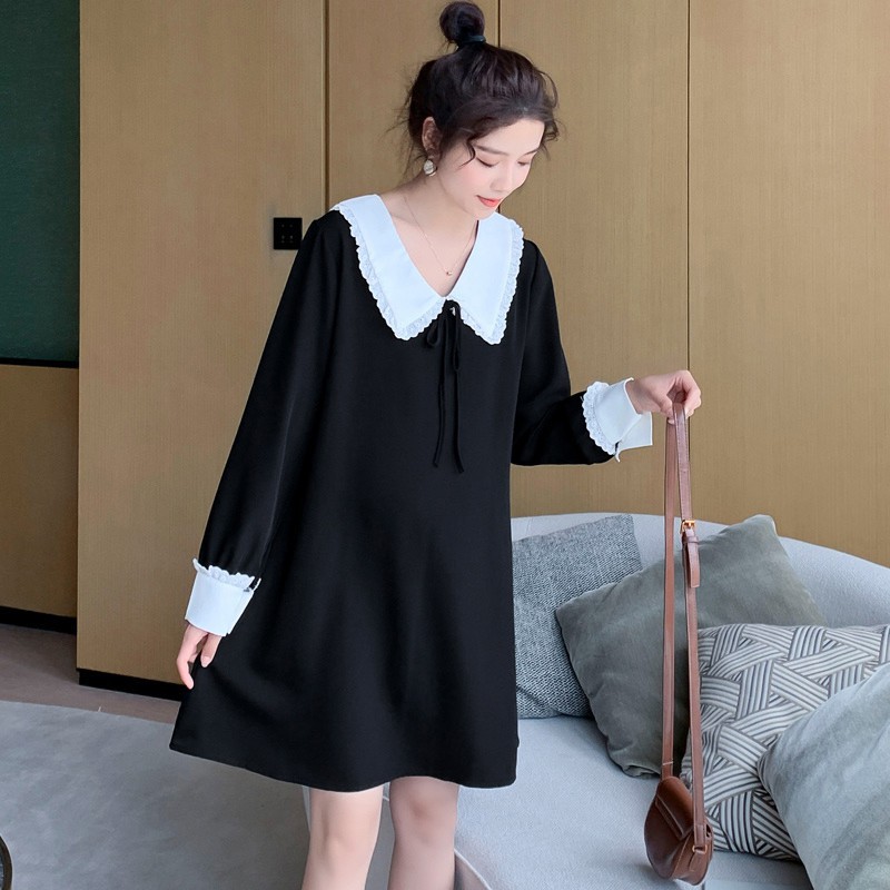Váy bầu công sở thiết kế - đầm suông bầu màu đen cổ trắng dài tay hàng có size HD16 - Meemom