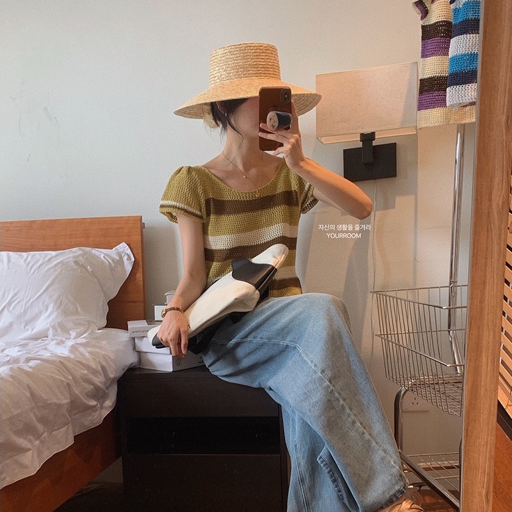 【ZHELIHANGFEI】Áo Thun Dệt Kim Tay Ngắn Dáng Rộng Kẻ Sọc Màu Sắc Tương Phản Độc Đáo