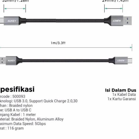 Dây Cáp Sạc Nhanh Bện Sợi Nylon 6ca Aukey Cb-Cd2 1m Type C 3.0