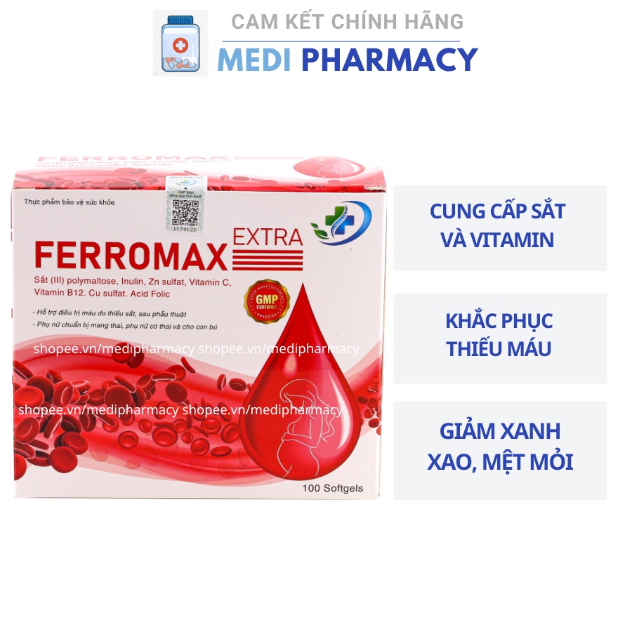 Viên uống bổ máu Ferromax Extra Vinaphar 4 mắt bổ sung Sắt, Acid Folic cho người thiếu máu - Hộp 100 viên