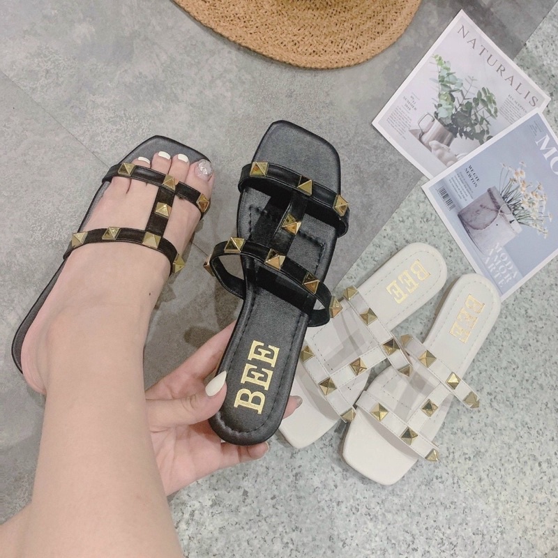Dép Lê Nữ Dép Đi Biển Mùa Hè Quai Da Đinh Đế Bệt 2 Màu Đen Trắng Hàng Sẵn Kho