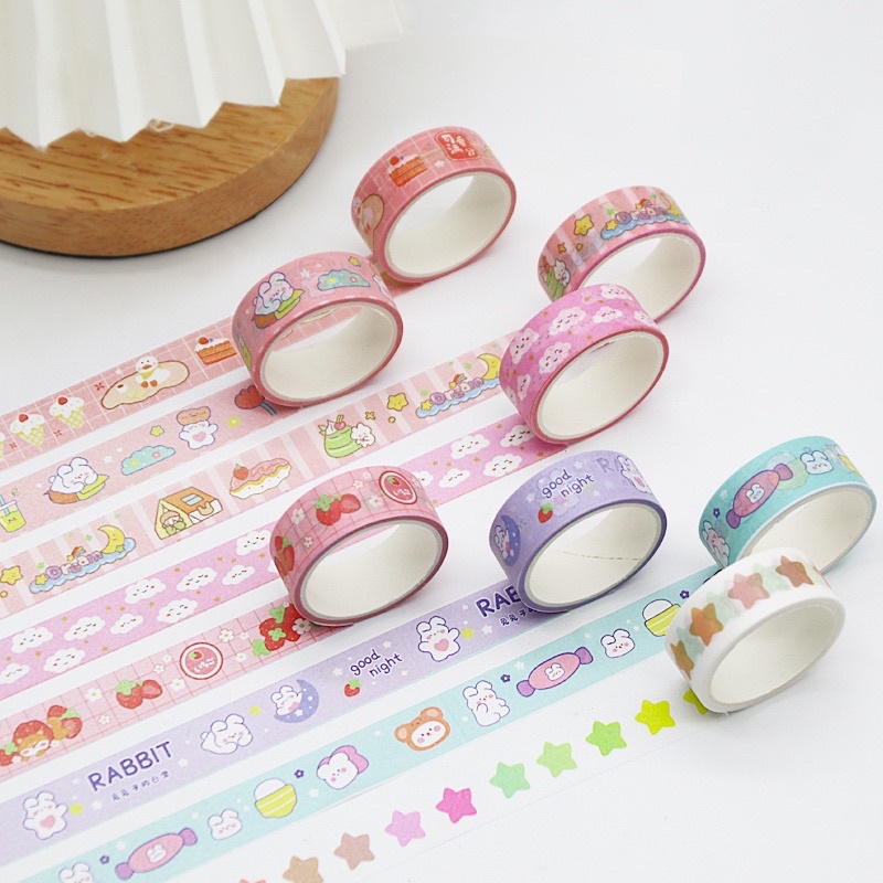 | Lẻ 1c Ngẫu Nhiên| Washi Tape Hình Gấu Thỏ Cô Bé Dễ Thương, chiết từ hộp 60 washi Corgi Town