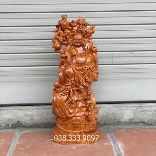 Tượng phật di lặc ngũ phúc gánh đào cao 40cm đến 60cm được làm bằng gỗ hương nguyên khối