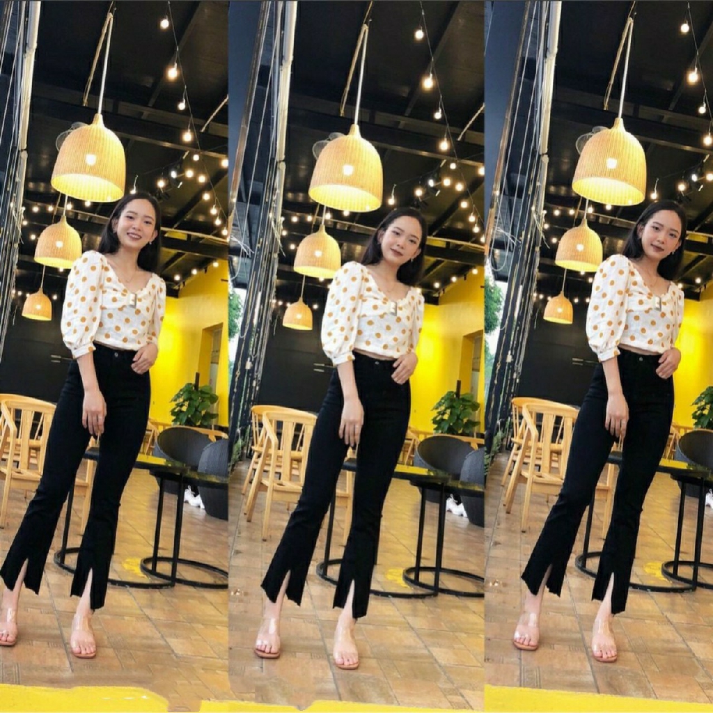 Quần Jeans giấy ống loe xẻ gấu