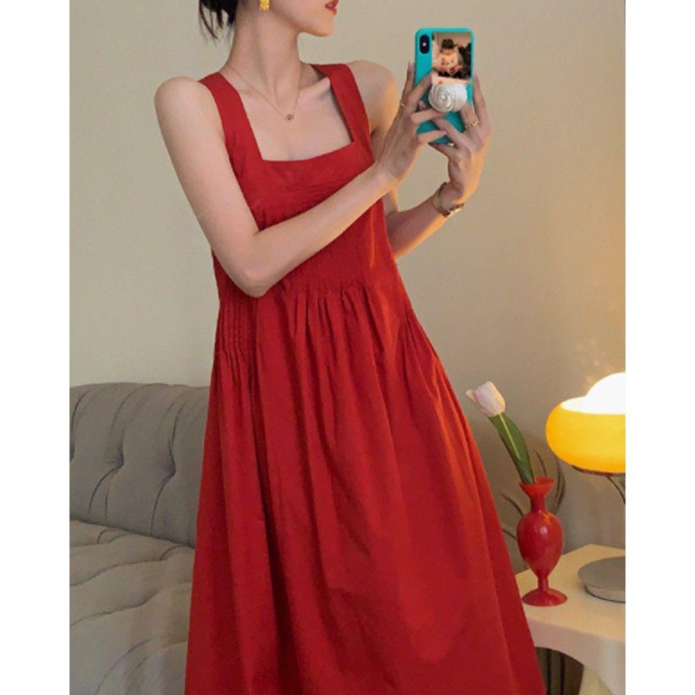Đầm Dáng Chữ a Hai Dây Hở Lưng Màu Đỏ Phong Cách Pháp 2022 Thời Trang Đường Phố