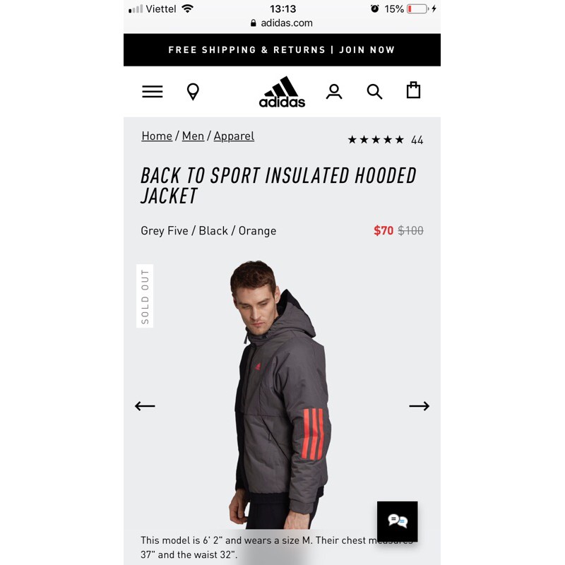 [CHÍNH HÃNG] Thanh lý Áo phao Adidas Back to sport Insulated hooded jacket