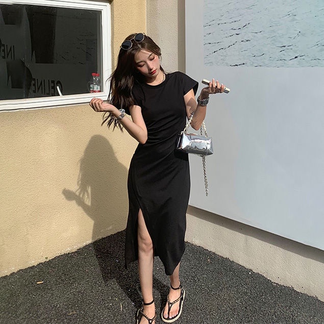 Đầm Thun Trắng Dài Xẻ Tà Nhấn Eo Thời Trang Cho Nữ