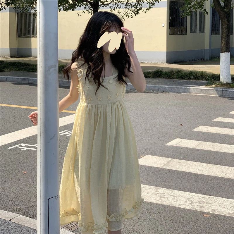 [Order] (K4) Váy đầm hai dây đính hoa dáng xòe Hàn Quốc loại đẹp màu vàng nhạt