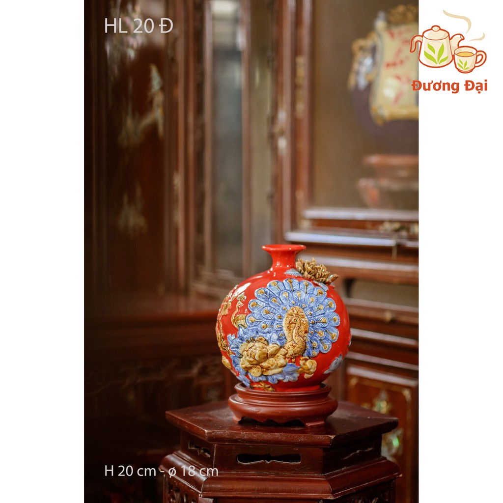 Bình Hút Lộc Công Đào Vinh Hoa Phú Quý Gốm Sứ Bát Tràng Đương Đại + Tặng kèm đế kê gỗ hương