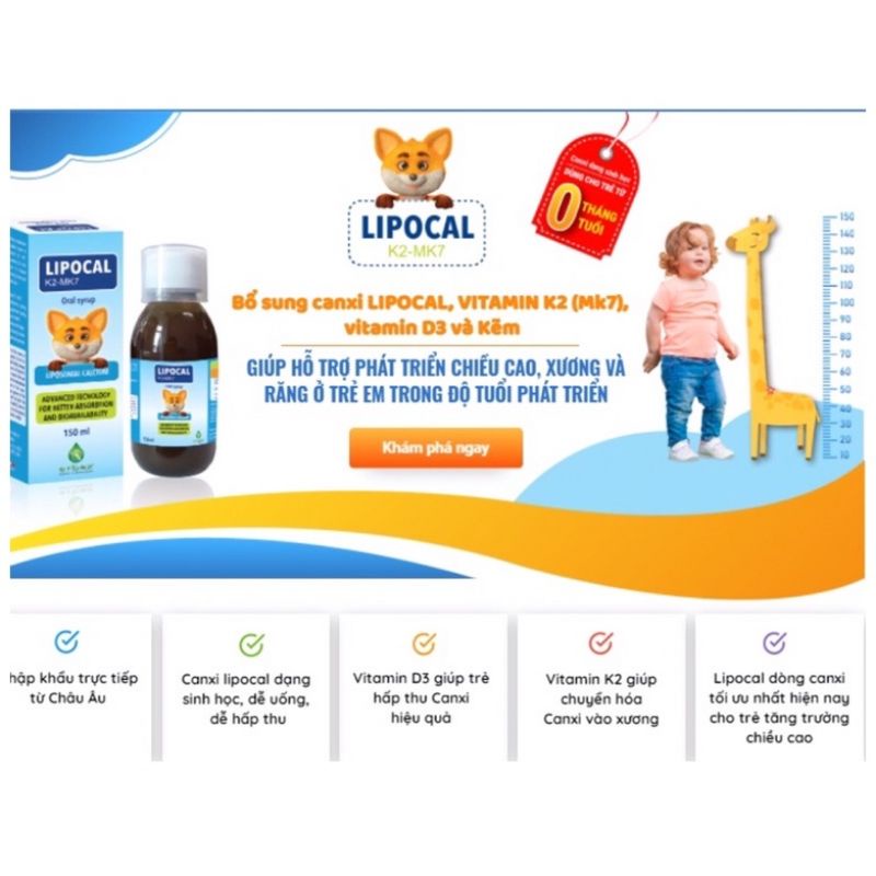 LIPOCAL K2-MK7 - Bổ sung Canxi cho bé khỏe mạnh, hỗ trợ mọc răng, phát triển chiều cao  chai 150ml