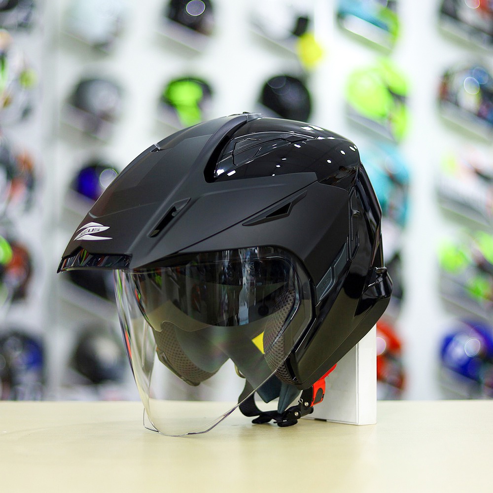 Mũ 3/4 2 Kính Zeus 613B Đen Bóng Tặng Kèm Mái Che Có Thể Tháo Rời