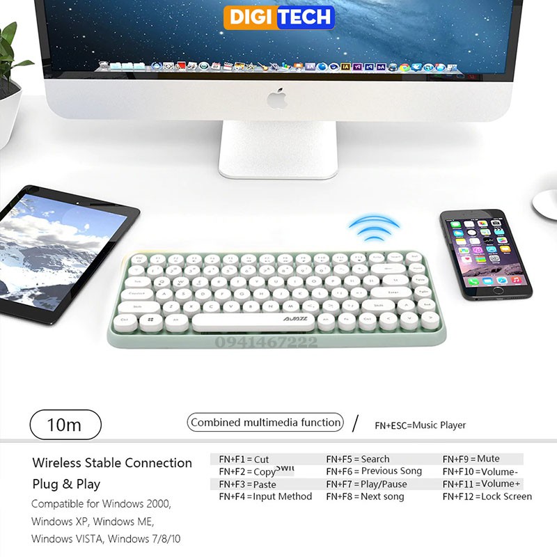 Bàn phím bluetooth Ajazz 308i siêu đẹp dùng cho PC, Laptop, máy tính bảng, Macbook trên Window, Androi, iOS