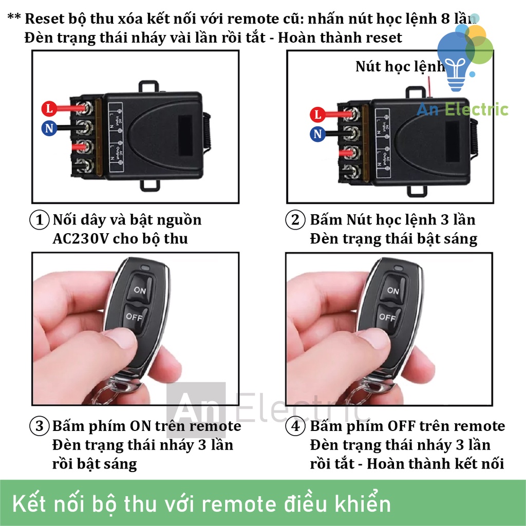 Công tắc điều khiển từ xa 220V 100m công suất cao ngõ ra 30A bật tắt thiết bị chiếu sáng, máy bơm, quạt