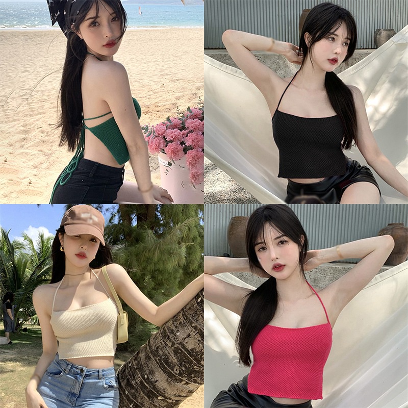 Áo Croptop Hai Dây Màu Trơn Cột Dây Hở Lưng Phong Cách Hàn Quốc Thời Trang Cho Nữ
