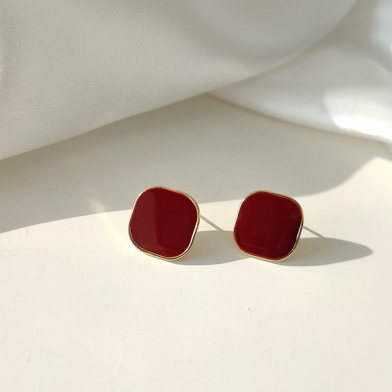 Bông Tai Kim Bạc 925 Hình Vuông Màu Đỏ Rượu Vang Thiết Kế Đơn Giản Thanh Lịch Dễ Phối Đồ