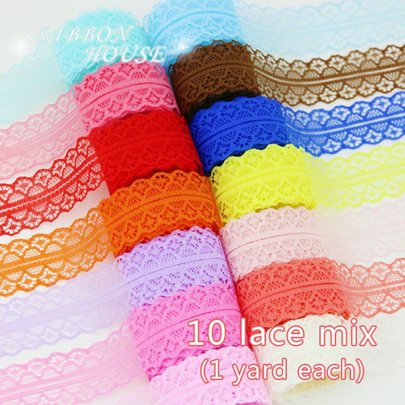 Bộ 10 dây ruy băng ren màu tTrơng dùng trang trí gói quà