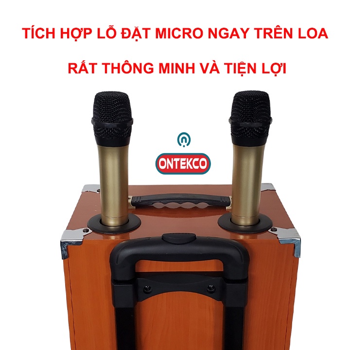 Loa kéo gỗ ONTEKCO 8002 kèm 2 micro không dây chuyên nghiệp, Bass 20 nhỏ gọn công xuất lớn