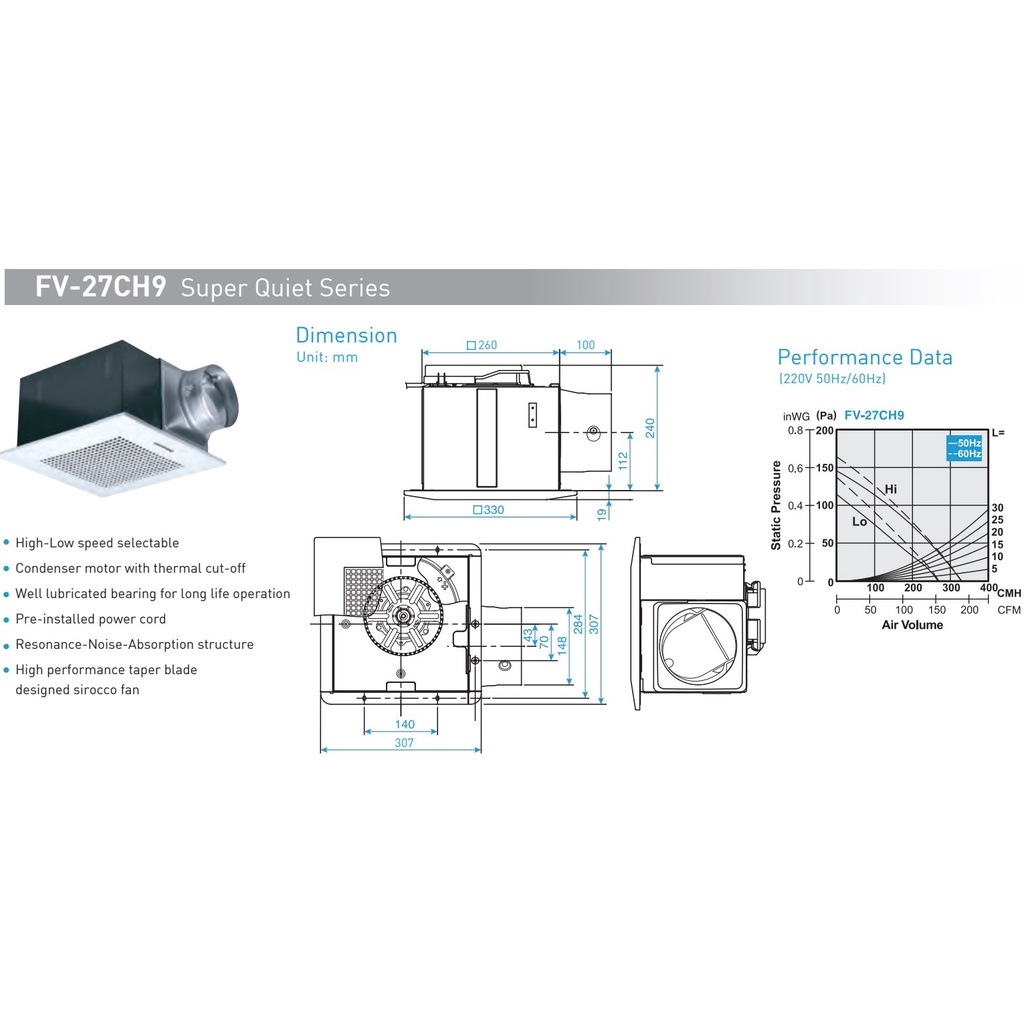 Quạt hút thông gió âm trần Panasonic FV-27CH9- Hàng Chính Hãng