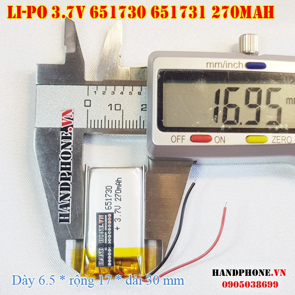 Pin Li-Po 3.7V 270mAh 651730 651731 (Lithium Polymer) cho tai nghe Bluetooth, loa Bluetooth, định vị GPS, máy nghe nhạc