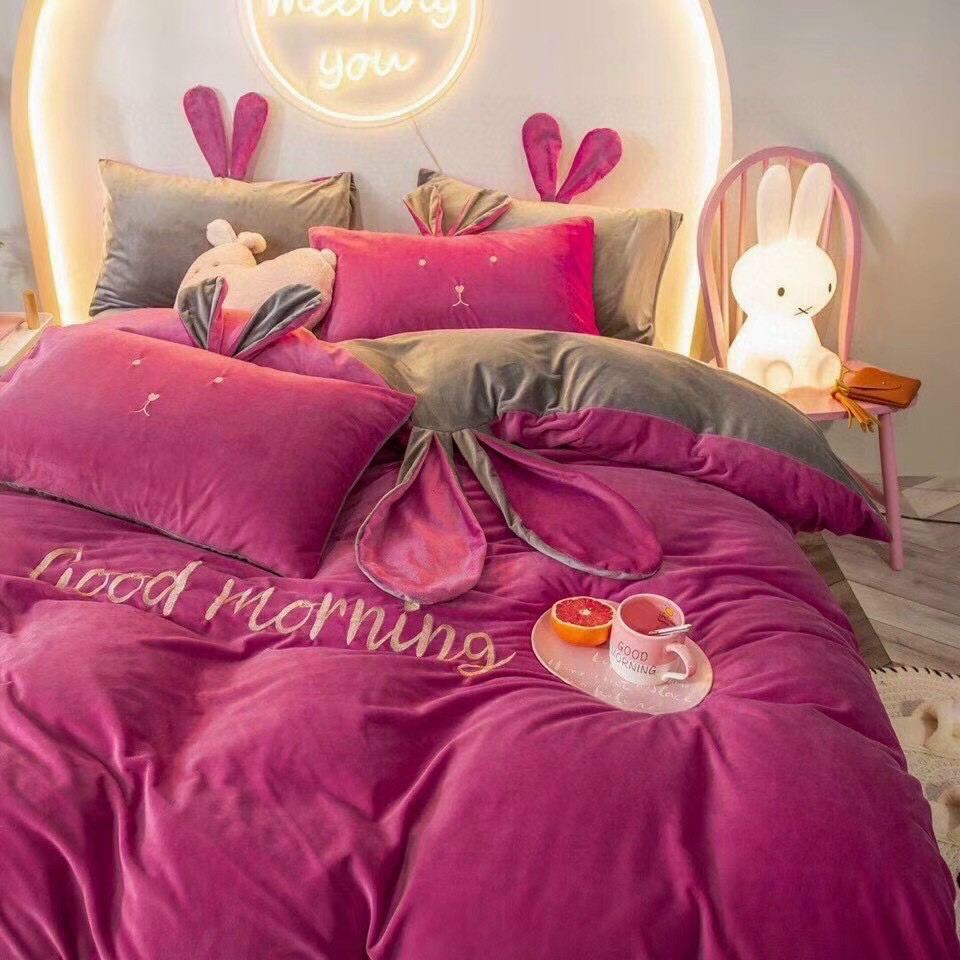 Bộ Chăn Ga Gối Nỉ Nhung Tai Thỏ Cao Cấp