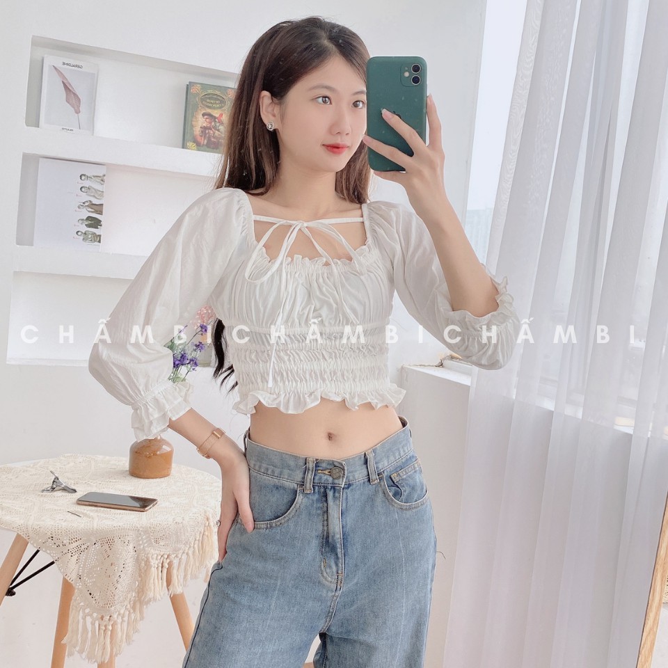 [SALE] Áo croptop ôm A.170, áo kiểu croptop hàn quốc cổ vuông chun ngực bo cực sang chảnh