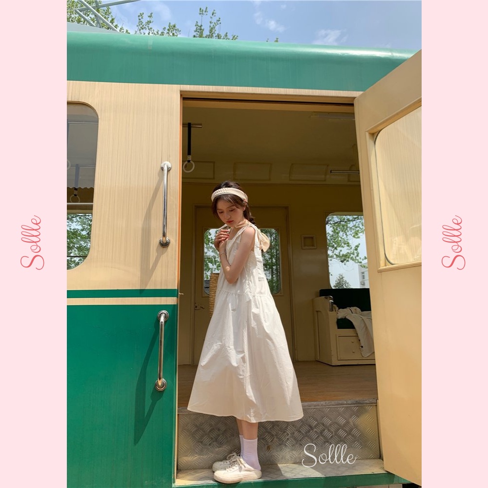 Đầm váy maxi nữ 2 dây thắt nơ vai 3 tầng babydoll trắng xanh trơn dáng dài đi biển Hàn Quốc Sollle