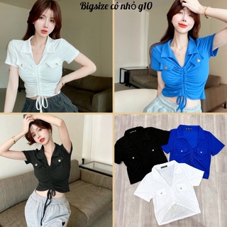 Áo thun croprop bigsize, áo cổ bẻ rút dây cách điệu lên phom cực dễ thương g10