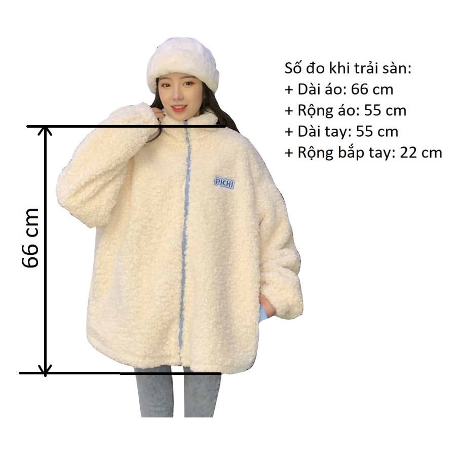 AK007 Áo khoác lông cừu cổ cao tay bồng dáng babydoll cute, Áo lông mùa đông dáng rộng khóa kéo BBD dễ thương