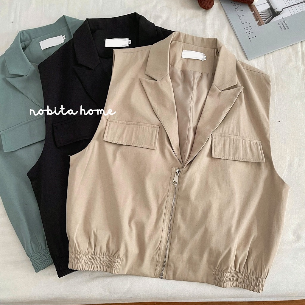 NOOBITA - Áo gile kaki dáng crop có dây kéo 7774