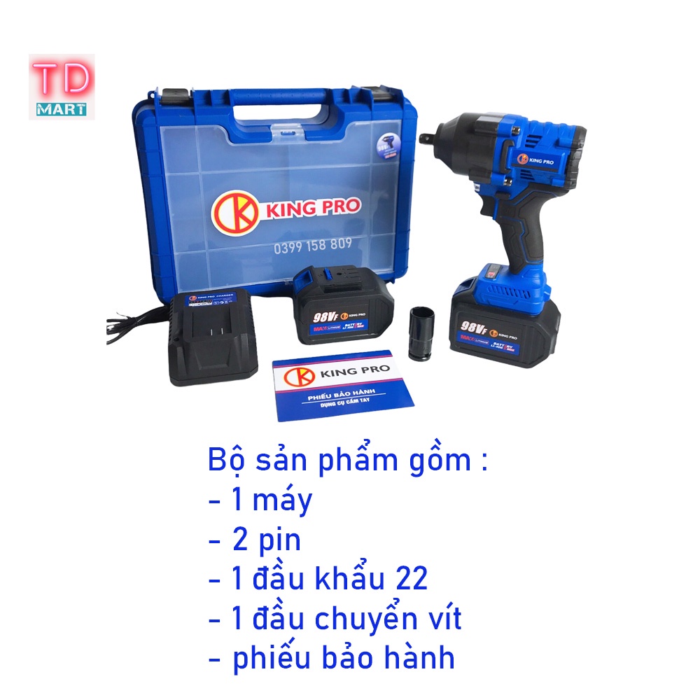 Máy Siết Bulong KingPro 98VF, Lực Siết 980Nm Cực Khỏe Kèm 2 Pin 15 Cell