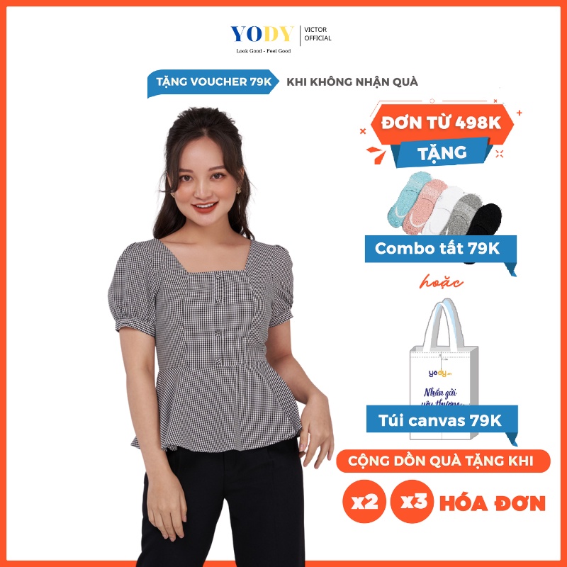 Áo sơ mi nữ YODY cổ vuông, áo peplum nữ tay phồng kẻ caro basic nhiều màu SCN5136