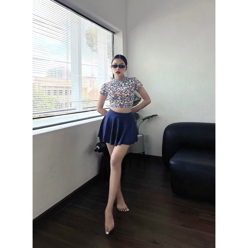 Bikini bộ đồ bơi nữ 2 mảnh áo crop ngắn tay, quần giả váy nhiều màu freesize Bin Sports BHV177