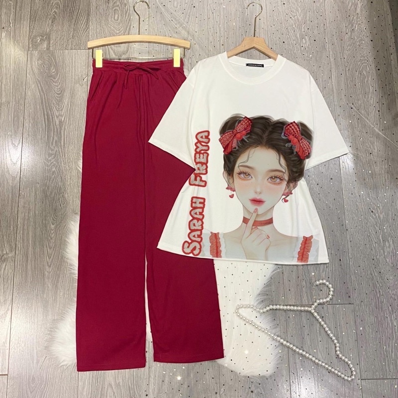 Set Bộ Áo Thun Cô Gái Tay Lở Quần Suông Gân Ảnh Thật(Phần 2)