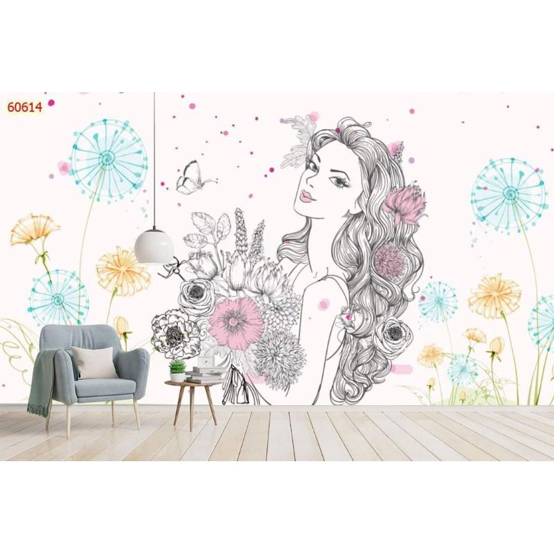tranh dán quán cafe trà sữa 3d tranh dán tường Cô Gái in Vải Lụa