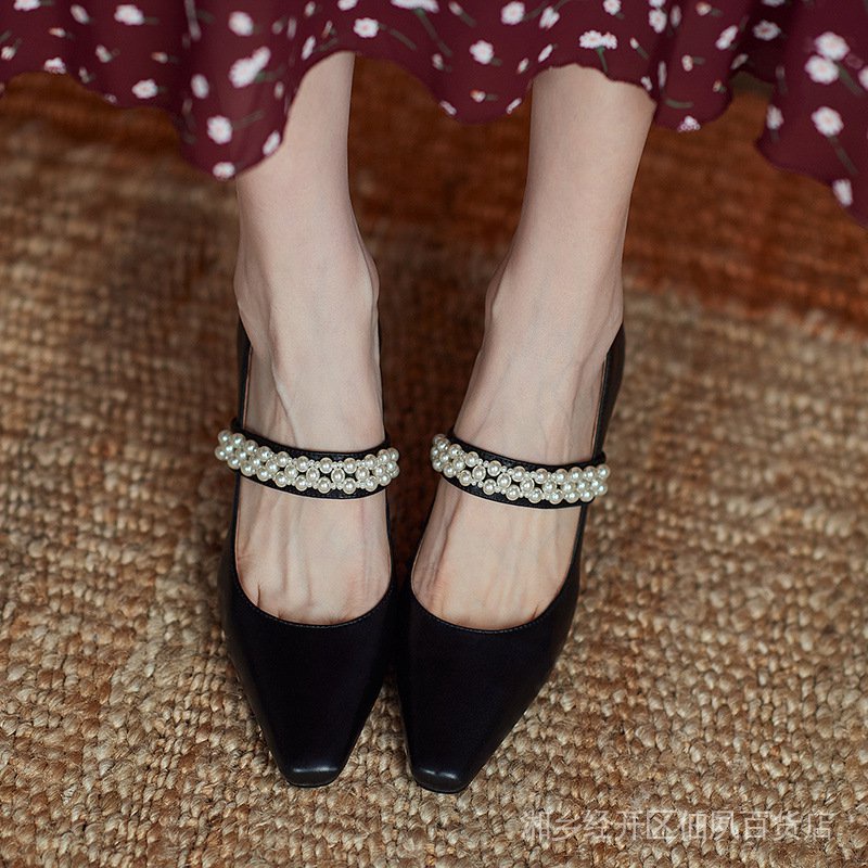 Giày Cao Gót Một Hàng Nút Ngọc Trai Mary Jane Phong Cách Pháp Thời Trang Mùa Hè 2022 Mới Cho Nữ