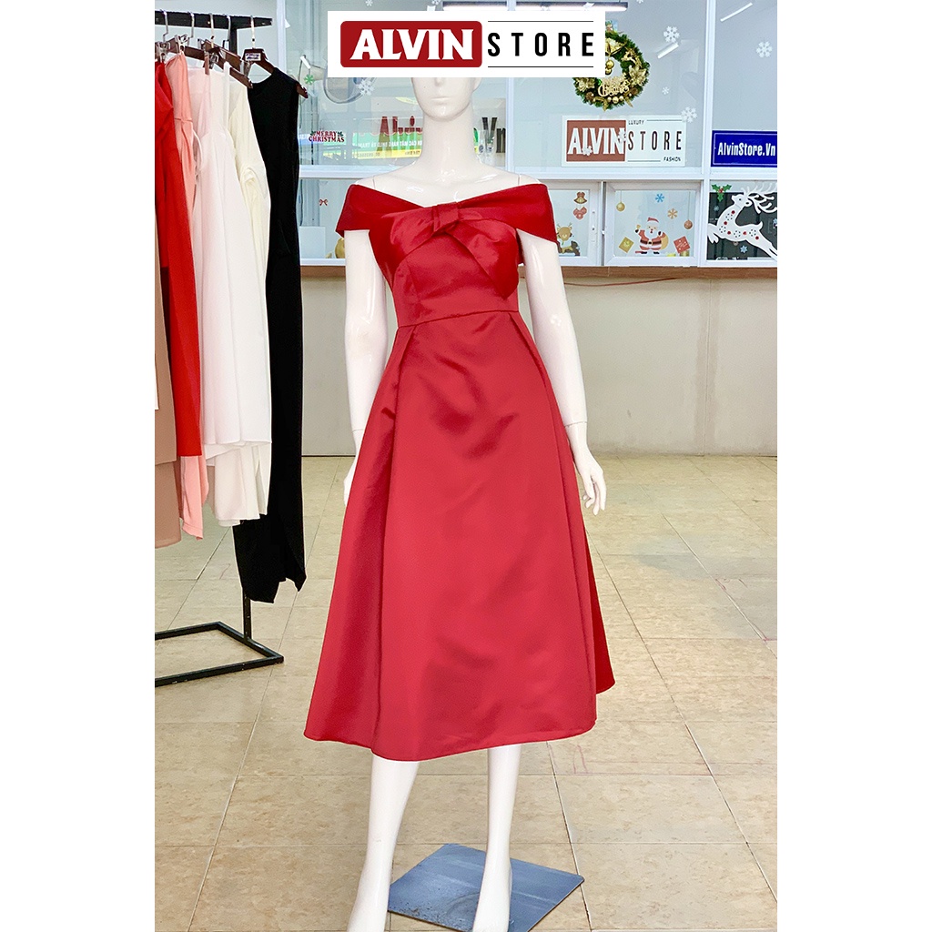 Đầm Xòe Dáng Dài Hở Vai Phối Nơ Ngực Dự Tiệc Alvin Store 1521