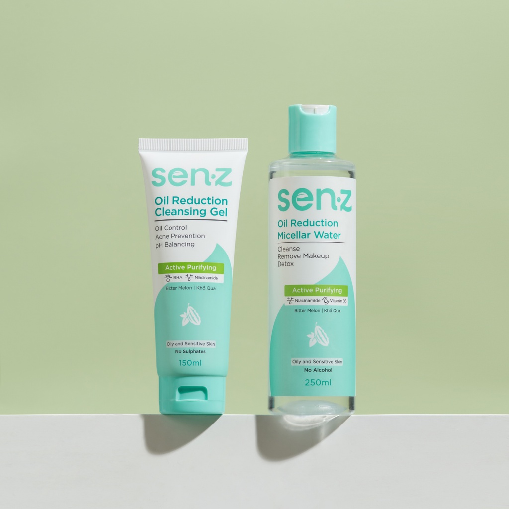 Bộ Đôi Tẩy Trang + Sữa Rửa Mặt Khổ Qua SENZ Oil Reduction Micellar Water &amp; Cleansing Gel Cho Da Dầu 250ml + 150ml