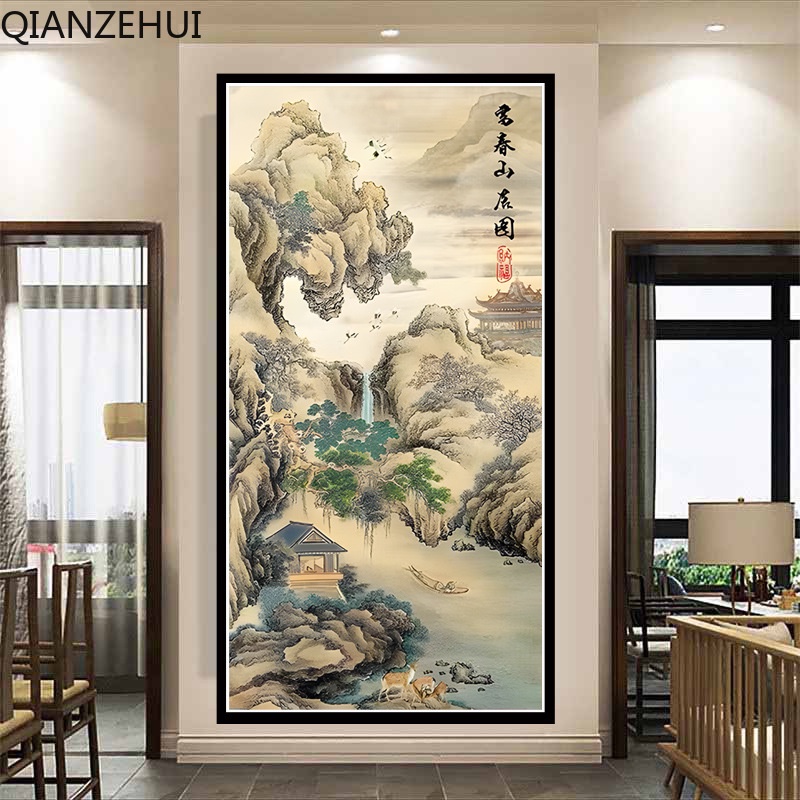 Bộ Tranh Thêu Chữ Thập 11ct Hình Phong Cảnh Núi Non Kích Thước Lớn Bằng cotton diy