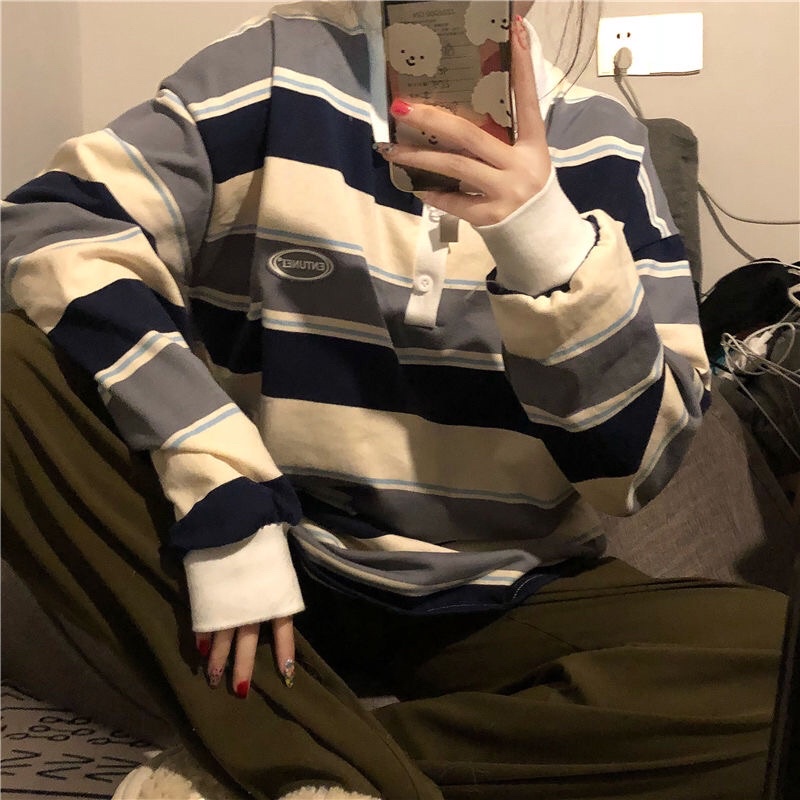 Áo Sweater Cổ Polo Tay Dài Form Rộng Kẻ Sọc Phong Cách Hàn Quốc